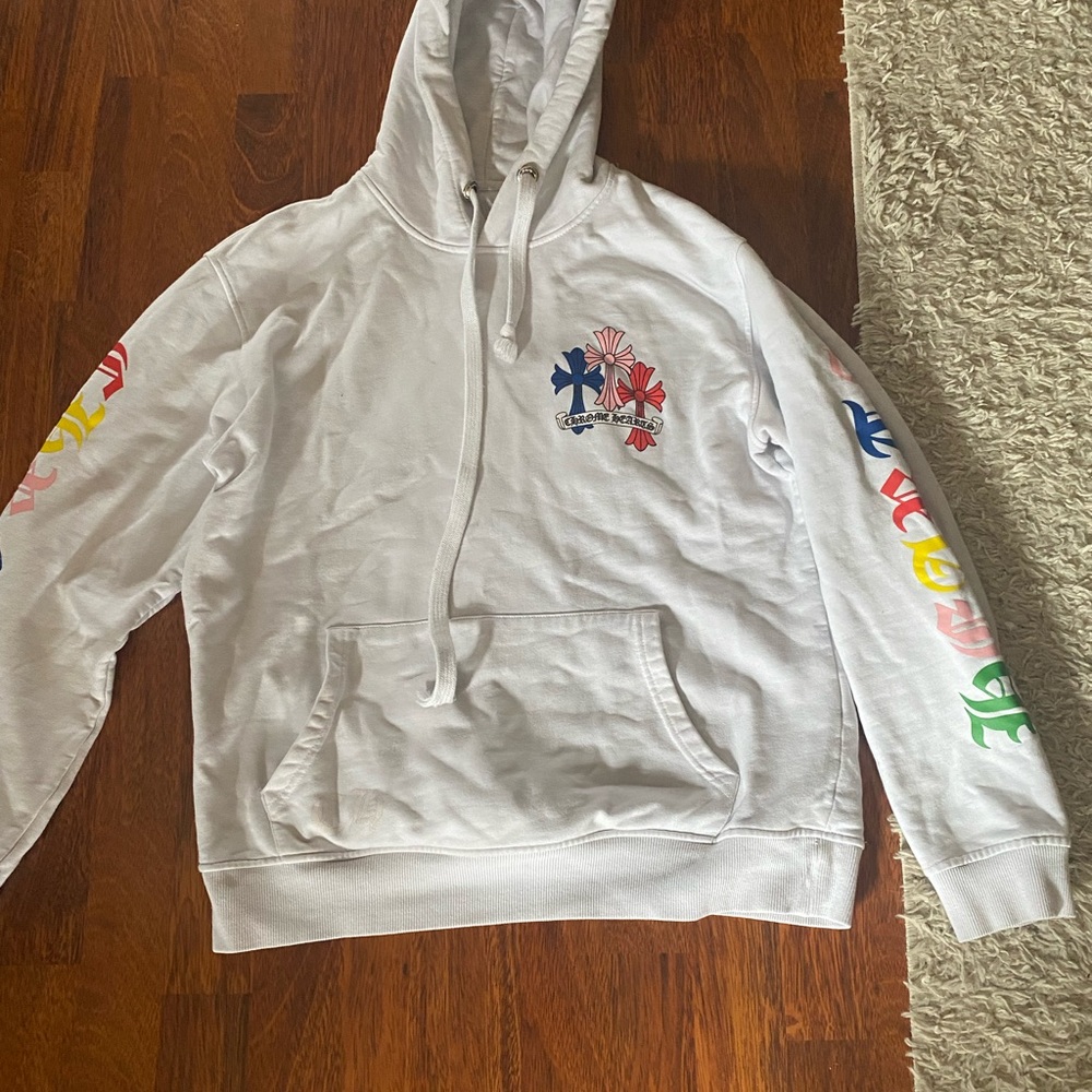 White Hoodie with Multicolor Sleeve Designs